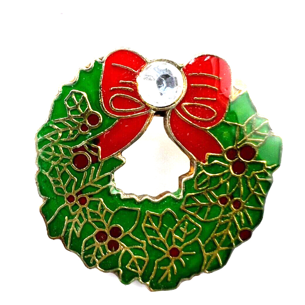 Vintage Christmas Holiday Jewelry Wreath Brooch Pin Enamel‎ 90s